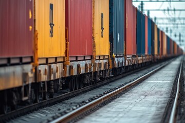 Obraz premium A train travels along the tracks near a bustling train station