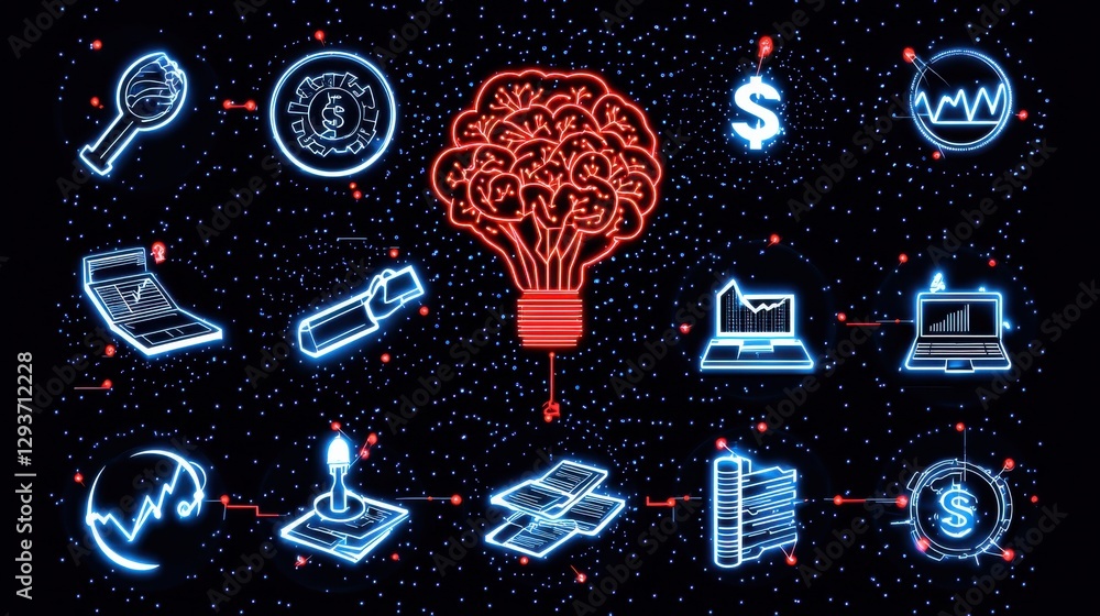 Aufkleber creative conceptual featuring various business finance and analytics icons and symbols representing 