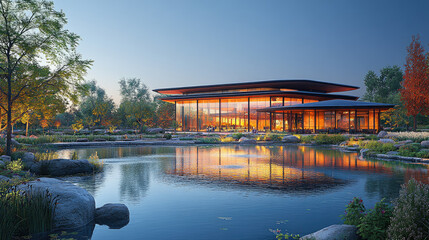 Obraz premium Tranquil modern building by a serene pond at dusk