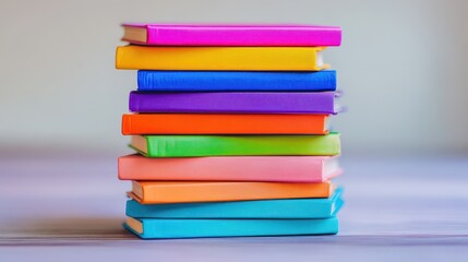 A stack of colorful books on a table.