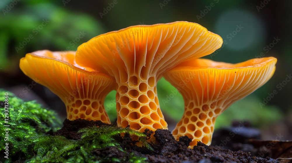 Poster Close-up view of rare orange Phallus indusiatus fungus showing its net-like structure growing in the forest, representing the beauty and complexity of the natural world.