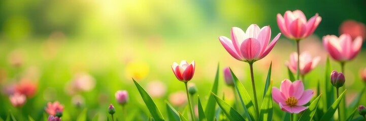 Naklejka premium Gentle pink petals sway in the breeze among green grass, blooms, field