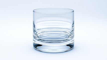 Empty short clear glass tumbler on white background.