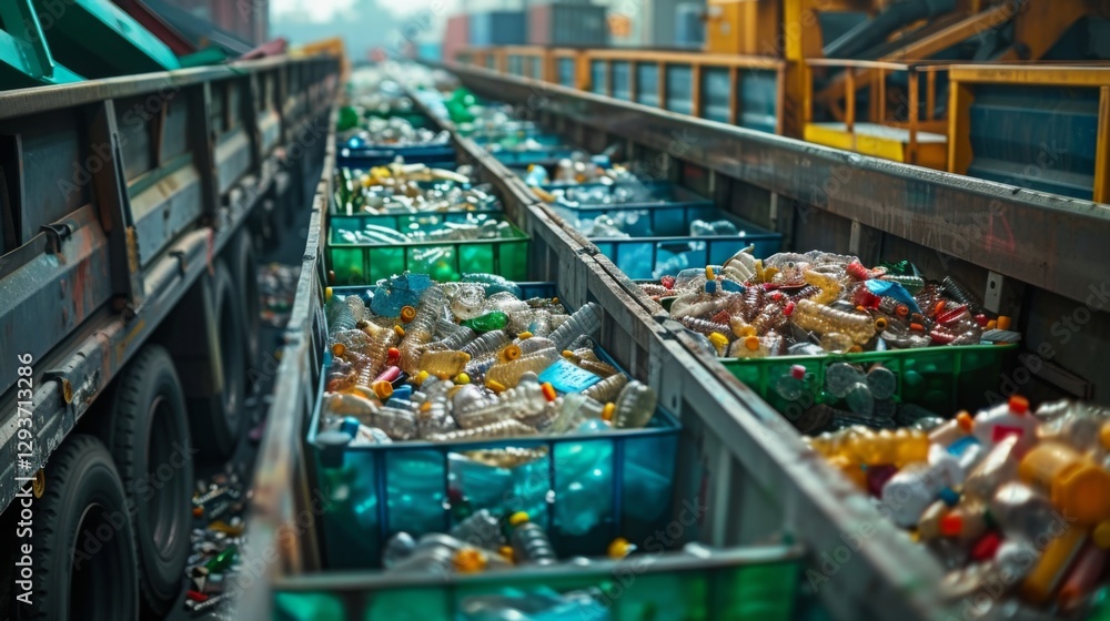 Aufkleber sorting facility is busy with numerous containers filled with various types of plastic waste, showca
