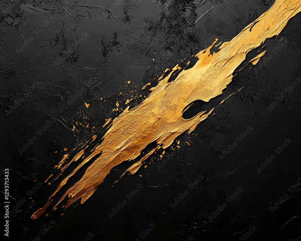 Poster dynamic abstract brushwork with a bold golden paint stroke on a textured black background, symbolizi