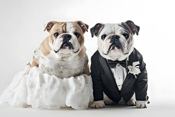 Obraz premium Heartwarming Love: Bulldogs in Wedding Attire Celebrate Creativity and Affection in Pet Photography