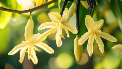 Fototapeta premium Close-up of a vanilla flower on hanging clusters, surrounded by green beans and a blurred background of nature in the distance.
