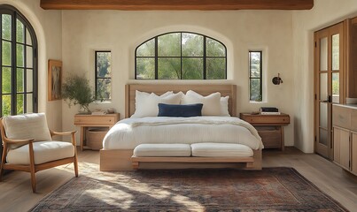 Serene Modern Bedroom Design with Natural Light and Wooden Accents