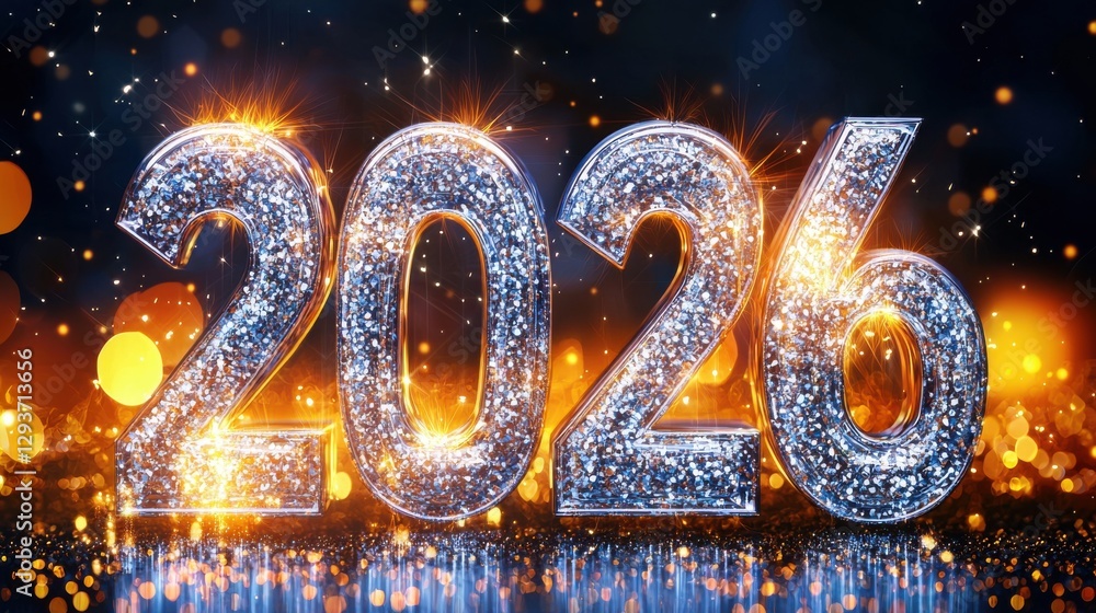 Poster glittery and vibrant 2026 backdrop with shimmering fireworks display and sparkling golden and silver