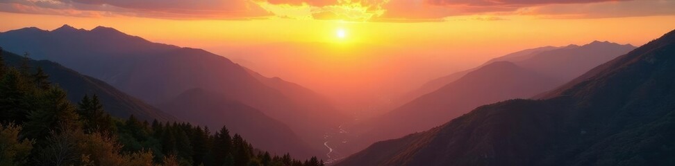 Obraz premium Golden hues of sunrise on mountains overlooking a valley, clouds, morning