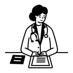 Female doctor sitting at her desk, doodle icon

