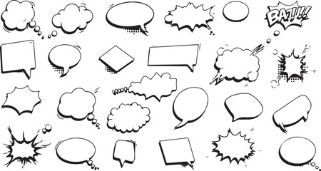 Vector Icon Set - Comic Speech Bubbles, Thought Clouds, Explosion Shapes, Halftone Shading, Line Art, Pop Art, Transparent Background