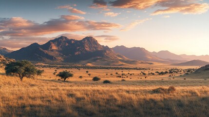 Fototapeta premium Golden hour sunset over a vast, dry savanna landscape with scattered trees and majestic mountains in the background.
