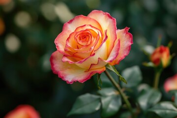 A vibrant pink and yellow rose blooms in a lush green garden, perfect for decorative or editorial use