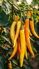 Fresh, Ripe, Yellow, and Orange Chili Peppers Growing on a Healthy Plant, Detailed View