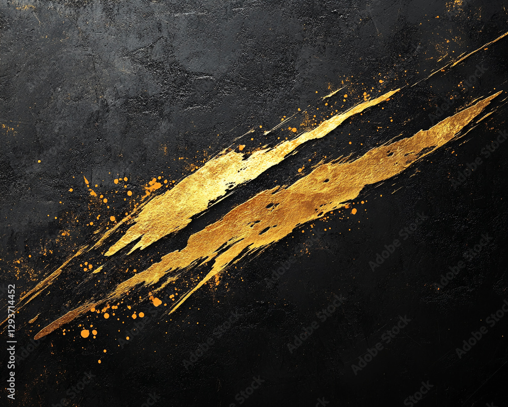 Poster dynamic abstract brushwork of bold golden streaks and splatters on a black textured surface, represe
