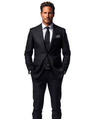 Professional man in formal suit poses confidently with hands in pockets against plain background, showcasing elegance and style