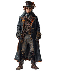 Obraz premium Steampunk gentleman attire with goggles, coat, and accessories showcasing Victorian-inspired fashion and style