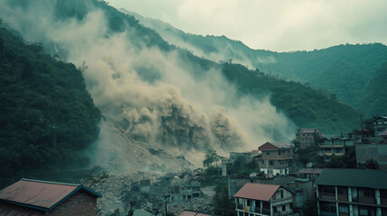 Fototapeta na wymiar A deadly landslide crashes down a mountainside, destroying houses and roads below. A massive cloud of dust and debris fills the air, showcasing the sheer force of this natural disaster.
