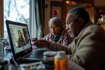 A senior African American couple having online telemedicine consultation with remote doctor. Ordering pills at pharmacy. Healthcare video call