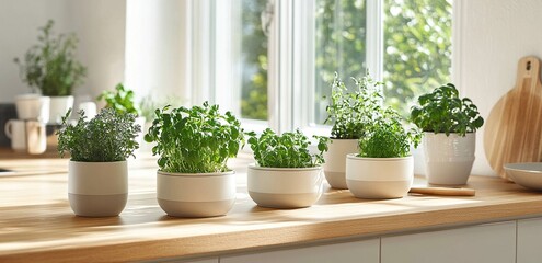 Fototapeta premium Sunlight Illuminates Fresh Herbs in White Pots on a Kitchen Counter