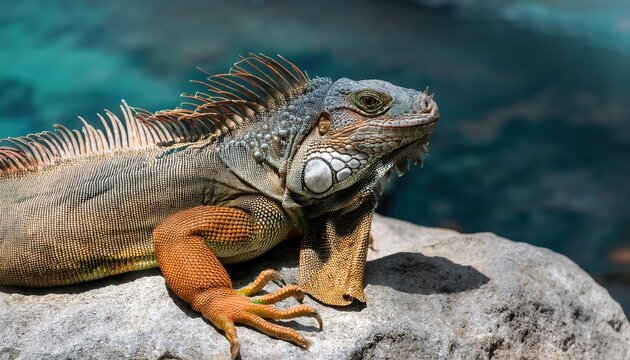 Iguana Resting on Stone Vibrant Green Reptile Against a Rough Textured Rocky Landscape, Evoking a Peaceful and Serene Atmosphere