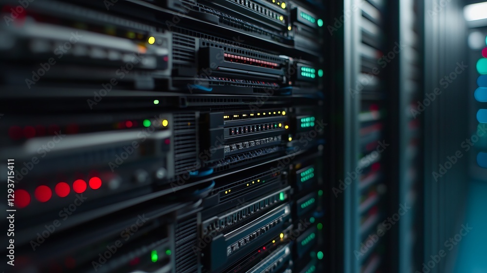 Poster modern data center server rack technology powerful network infrastructure digital technology advance