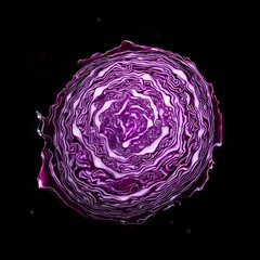 Obraz premium A captivating sliced purple cabbage levitates in a black void, with its intricate veins and layers softly illuminated.