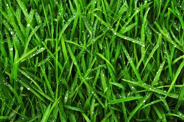 Obraz premium lush green grass glistening with dewdrops after fresh rain, Generative AI