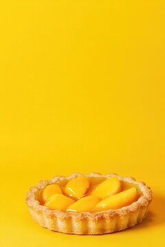 Bright yellow backdrop highlights delicious fruit tart with fres