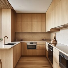 Fototapeta premium A modern kitchen with beautiful wooden cabinetry and details