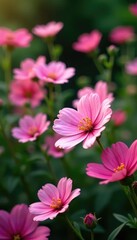 Obraz premium Pink mallow flowers in full bloom among other flowers, lush garden, garden blooms, soft pink