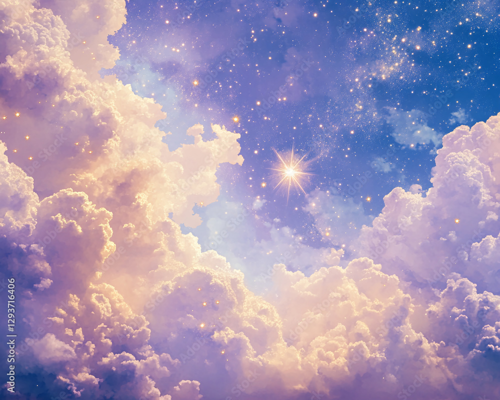 Poster a beautiful sky with soft clouds and sparkling stars, creating a dreamy atmosphere filled with light