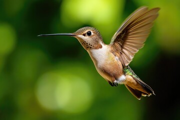 Fototapeta premium A hummingbird in mid-air, its wings spread wide