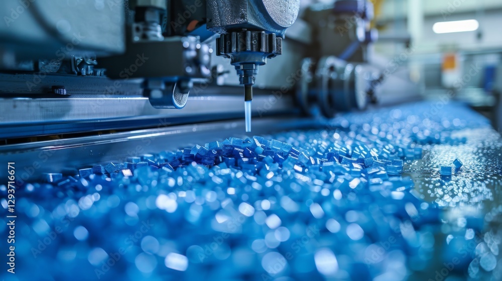 Aufkleber a machine is actively molding and processing blue plastic pellets in a busy factory setting. the bri