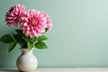 Pink pompom dahlia stems in a vase with greenery, garden decor, colourful, homedecor