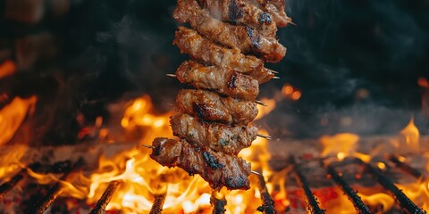 Photo of a kebab on the grill, with meat hanging from one end and arranged in layers to form a long, cylindrical roasting piece for kebab cooking. 