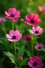 Fototapeta premium Pink ranunculus and maroon anemones in a field of greenery, maroon anemone, nature, foliage
