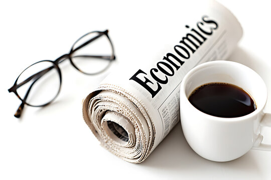 Economics news with coffee and glasses on a white surface, suggesting a morning routine for staying informed on financial matters. Crisp details and bright setting.