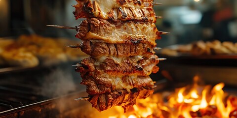 Photo of a kebab on the grill, with meat hanging from one end and arranged in layers to form a long, cylindrical roasting piece for kebab cooking. 