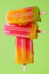 Brightly colored popsicles stacked against vivid green backgroun