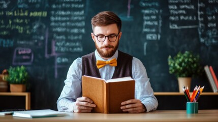 Teacher with a textbook in a well-organized classroom, modern education concept, warm and professional
