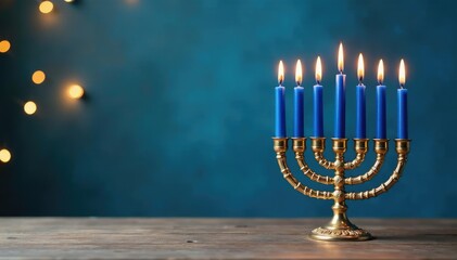 Simple table with gold and blue Hanukkah gift, menorah, decorative, festive