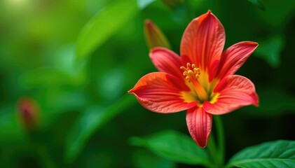 Single alstroemeria flower with lush green foliage, leaves, plant