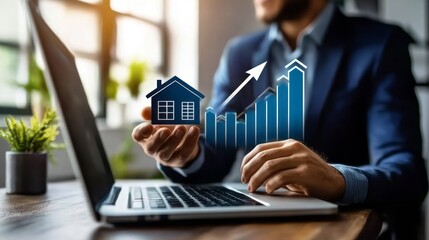 Real estate market growth. hand holding house model with upward arrows and percentage signs, symbolizing property investment and mortgage rate trends. Property investment insights, housing market.