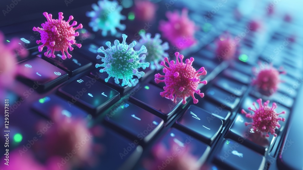 Poster viruses invading a laptop keyboard; spreading online