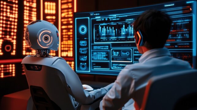 Tech-savvy online teacher using AI tools, futuristic classroom with digital interfaces