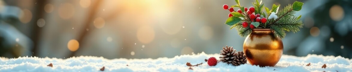 Snowy scene with holly branches and pinecones in a vase, yellow, red