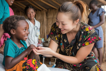Humanitarian aid in African villages. Medical volunteers helping African kids. Nurses making healthcare exam.