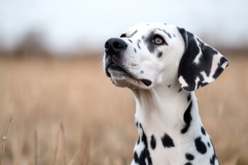 A dalmatian dog sitting in a field of tall grass